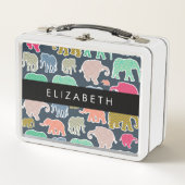 象カラフル象、象の模様、あなたの名前 メタルランチボックス (正面)