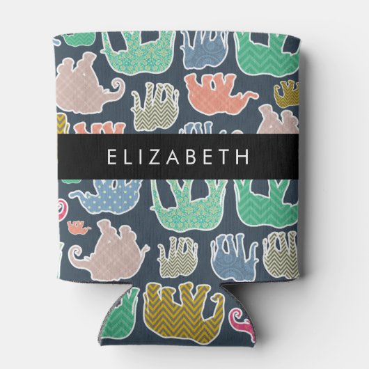 象カラフル象、象の模様、あなたの名前 缶クーラー (裏面)