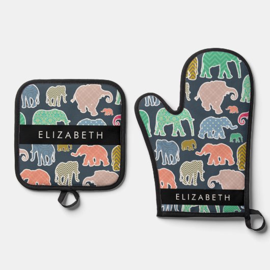 象カラフル象、象の模様、あなたの名前 鍋つかみ&鍋敷きセット (正面)