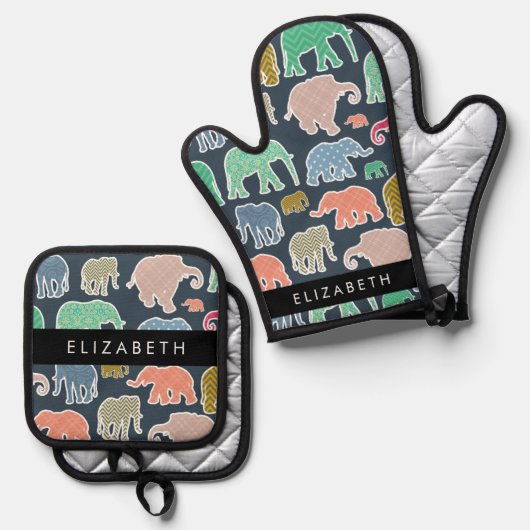 象カラフル象、象の模様、あなたの名前 鍋つかみ&鍋敷きセット (正面/裏面)