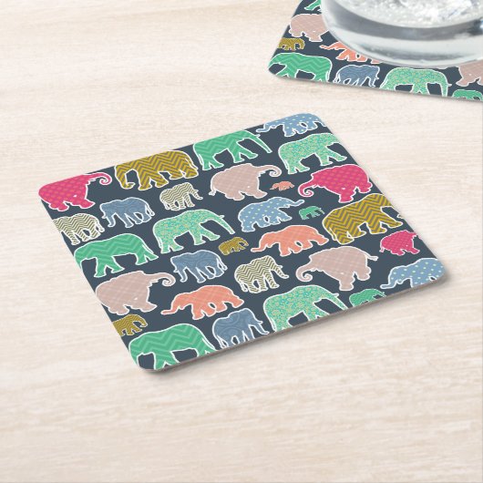 象カラフル、象の模様、ジグザグ スクエアペーパーコースター (アングル)