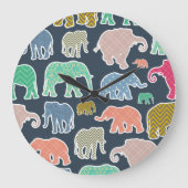 象カラフル、象の模様、ジグザグ ラージ壁時計 (正面)