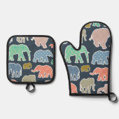 象カラフル、象の模様、ジグザグ 鍋つかみ&鍋敷きセット (正面)