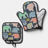象カラフル、象の模様、ジグザグ 鍋つかみ&鍋敷きセット (正面/裏面)