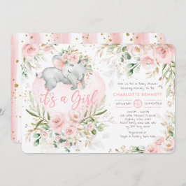 象ガーリーピンク赤面金ゴールド花赤ちゃんシャワー 招待状