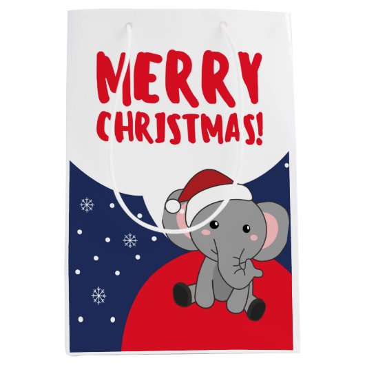 象クリスマス雪の冬の動物ゾウ ミディアムペーパーバッグ (正面)