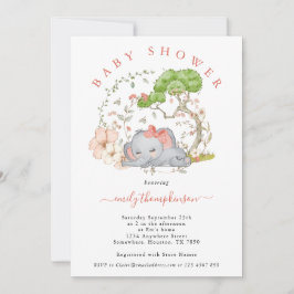 象ジャングルの葉コーラルガールベビーシャワーInv 招待状
