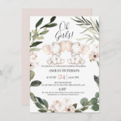 象ツインズフローラ緑リースベビーシャワー 招待状 (正面/裏面)
