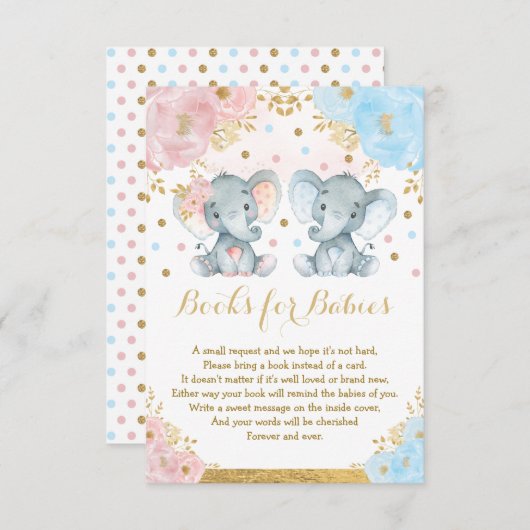 象ツインズブルーピンクフローラブックスベビー エンクロージャーカード (正面/裏面)