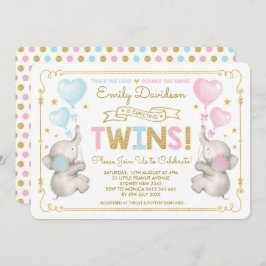 象ツインズベビーシャワーブルーピンク金ゴールド少年ガール 招待状