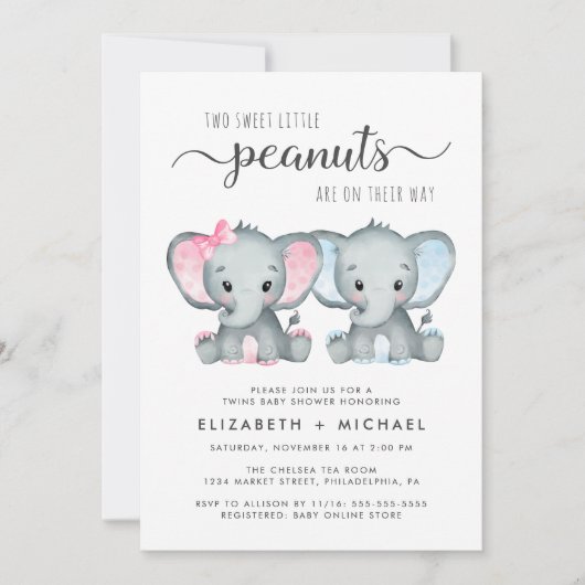 象ツイン女の子の男の子カップル赤ちゃんシャワー 招待状 (正面)