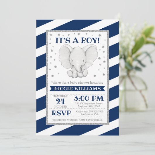 象ネイビーストライプベビーシャワー招待状 招待状 (スタンド正面)