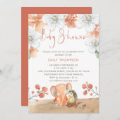 象ハリネズミ花模様コーラルガールベビーシャワー 招待状 (正面/裏面)