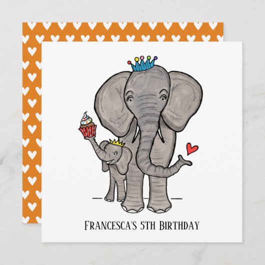 象パーソナライズされた象とベビー誕生日招待状 (正面/裏面)