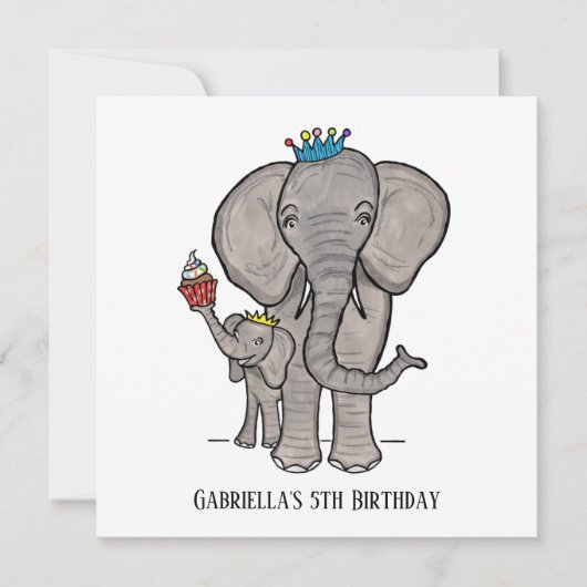 象パーソナライズされた象とベビー誕生日招待状 (正面)