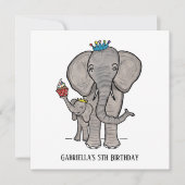 象パーソナライズされた象とベビー誕生日招待状 (正面)