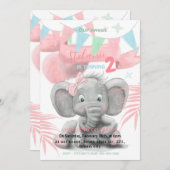 象パーティーの女の子の誕生日の招待 案内状 (正面/裏面)