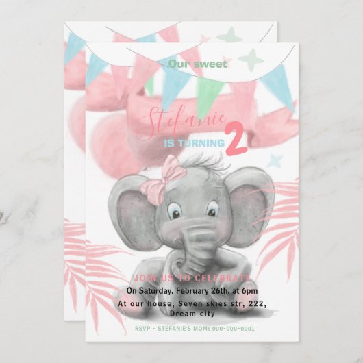 象パーティーの女の子の誕生日の招待 案内状 (正面/裏面)