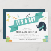 象パーティー少年 |ベビーシャワー招待状 (正面/裏面)