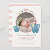 象ピンクのフローラ女の子の写真の誕生のお知らせ 招待状 (正面/裏面)