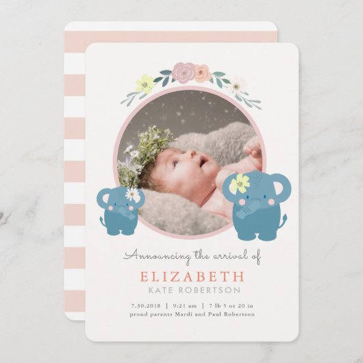 象ピンクのフローラ女の子の写真の誕生のお知らせ 招待状 (正面/裏面)