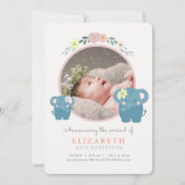 象ピンクのフローラ女の子の写真の誕生のお知らせ 招待状 (正面)