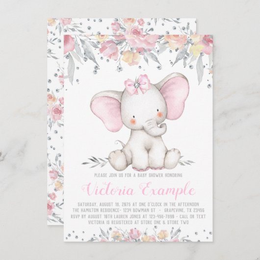 象フローラダイヤモンドガールベビーシャワー 招待状 (正面/裏面)