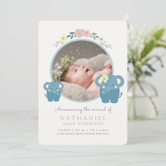 象ブルーフローラ少年の写真誕生のお知らせ 招待状 (スタンド正面)