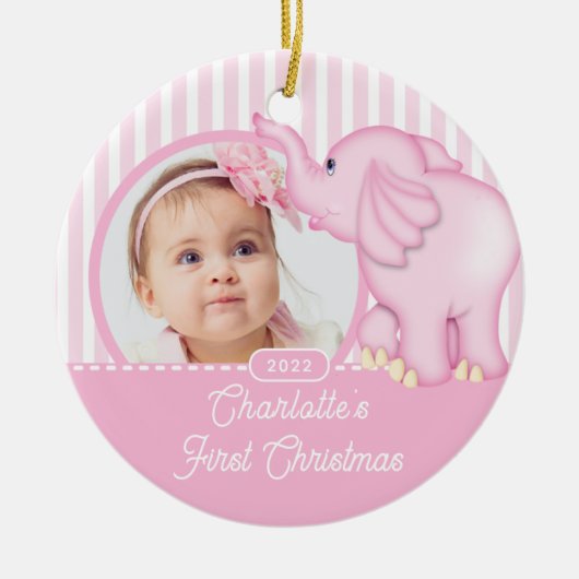 象ベビーの初めてのクリスマス写真 セラミックオーナメント (正面)