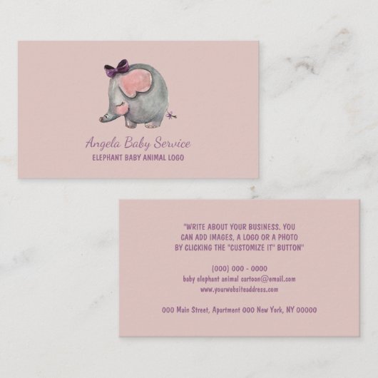 象ベビーシッターピンクデイケア先生動物 名刺 (正面/裏面)