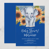 象ベビーシャワーヒマワリグリッターブルー 招待状 (正面/裏面)