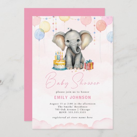 象ベビーシャワーピンク招待状 招待状 (正面/裏面)