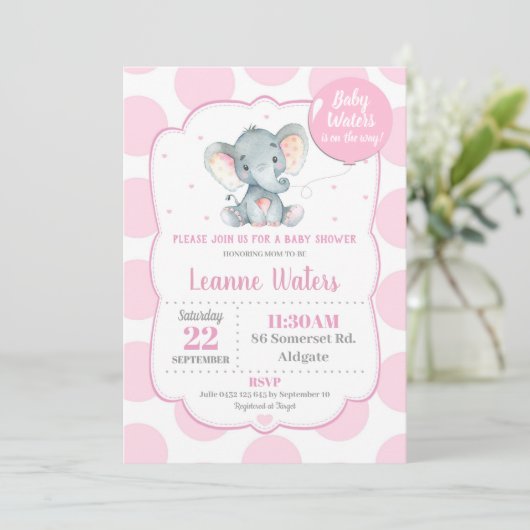 象ベビーシャワー招待状ピンクガール 招待状 (スタンド正面)