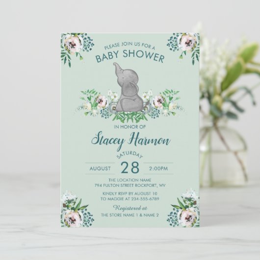 象ベビーシャワー招待状ミントグリーンフローラ 招待状 (スタンド正面)