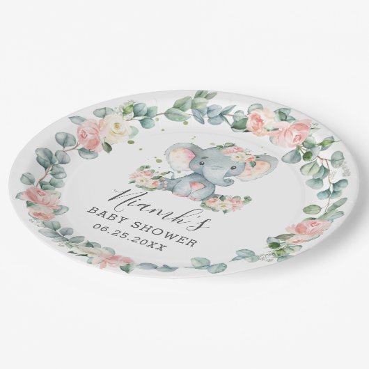 象ベビーシャワー誕生日フローラグリーナリーガール ペーパープレート (アングル)