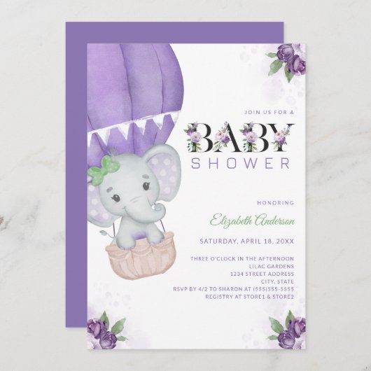 象ホットエアバルーンパープルフローラ赤ちゃんシャワー 招待状 (正面/裏面)