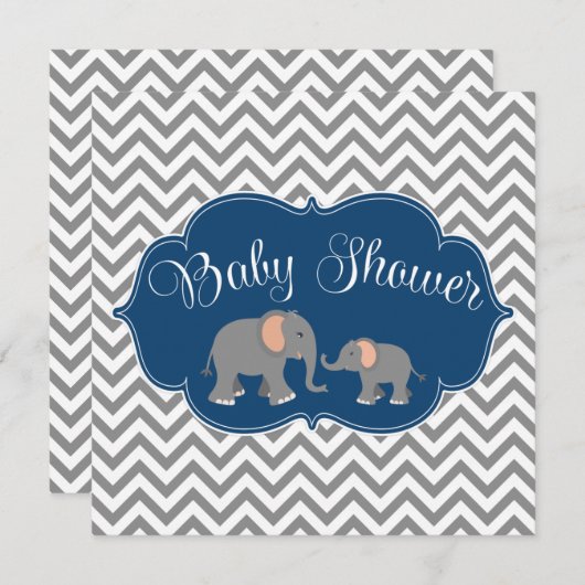 象モダンシボロン海軍ブルーグレー赤ちゃんシャワー 招待状 (正面/裏面)