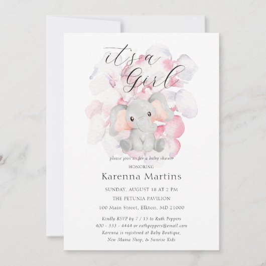 象モダンフローラ女の子の赤ちゃんシャワー 招待状 (正面)