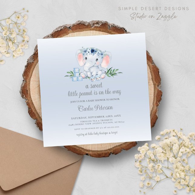 象モダン男の赤ちゃんベビーシャワー招待状 (Mondern Blue Baby Shower Invitation with Floral Greenery Accents and Vintage Aesthetics)