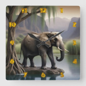 象威厳のある象バイトランクウォーターズアットデュスク スクエア壁時計 (正面)