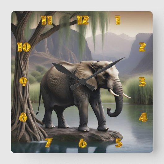 象威厳のある象バイトランクウォーターズアットデュスク スクエア壁時計 (正面)