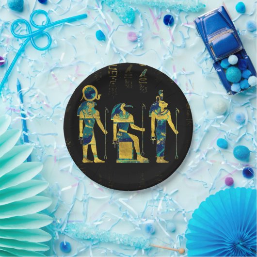 象形文字の金ゴールドおよび大理石のエジプト神 ペーパープレート (パーティー)