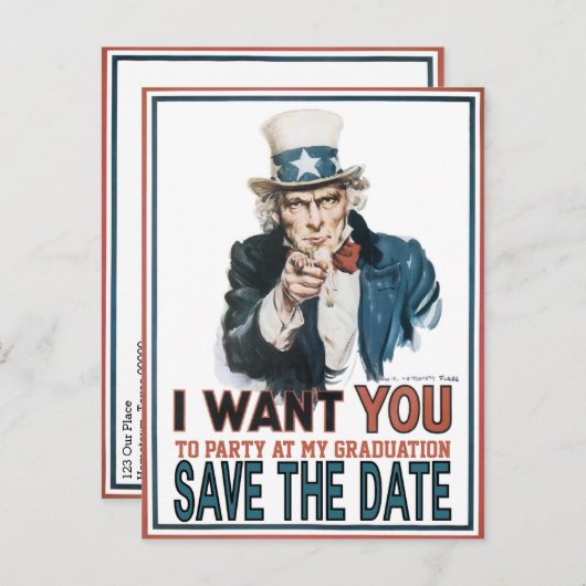 象徴的なヴィンテージアンクルサム卒業日を保存 案内ポストカード (正面/裏面)