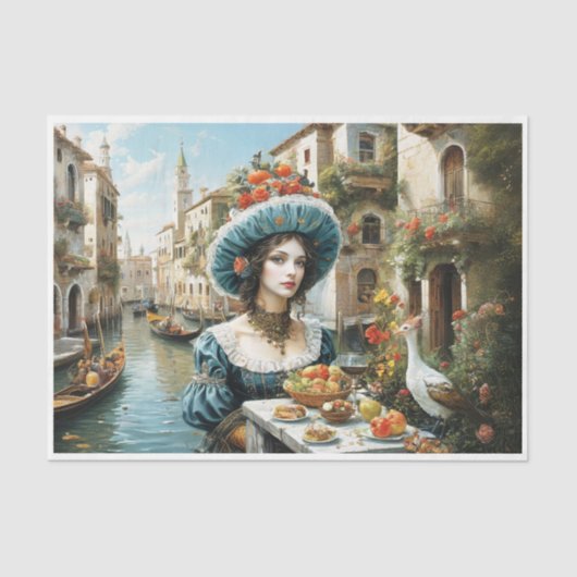 象徴的なヴェネツィア運河を持つノーブル・ヴェネツィアの女性 –  薄葉紙 (正面)