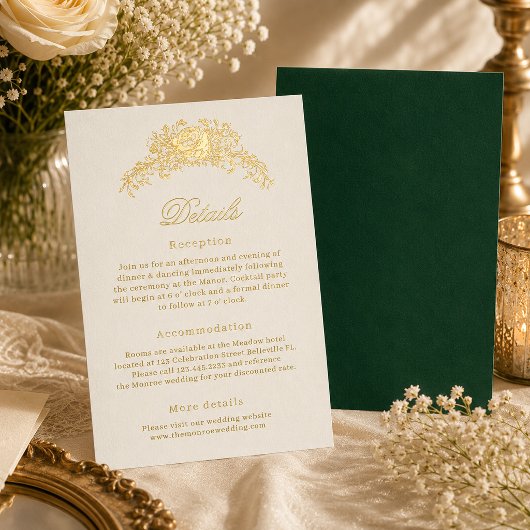 象牙色とエメラルドグリーンの摂政時代の結婚式ディテールカード 箔招待状ポストカード