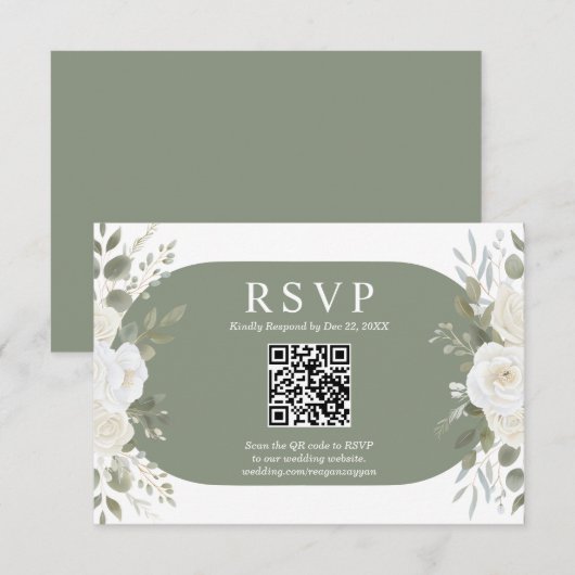 象牙色とセージのQRコードがおしゃれな結婚式RSVPカード 出欠カード (正面/裏面)
