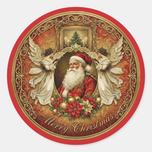 象牙色と赤のヴィクトリアン・クリスマスコラージュ ラウンドシール (正面)