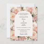 象牙色のくすんだバラ色とマーブルの花模様の結婚式招待状 (正面)