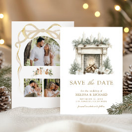 象牙色のゴールドのクリスマスの暖炉の弓の写真の結婚式 セーブザデート