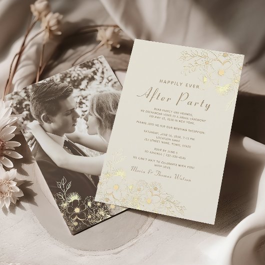 象牙色のゴールドフラワーの結婚式二次会招待状 招待状
